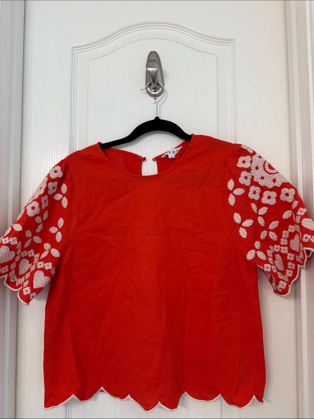 THML Red Short Sleeve Top with White Floral Embroidery